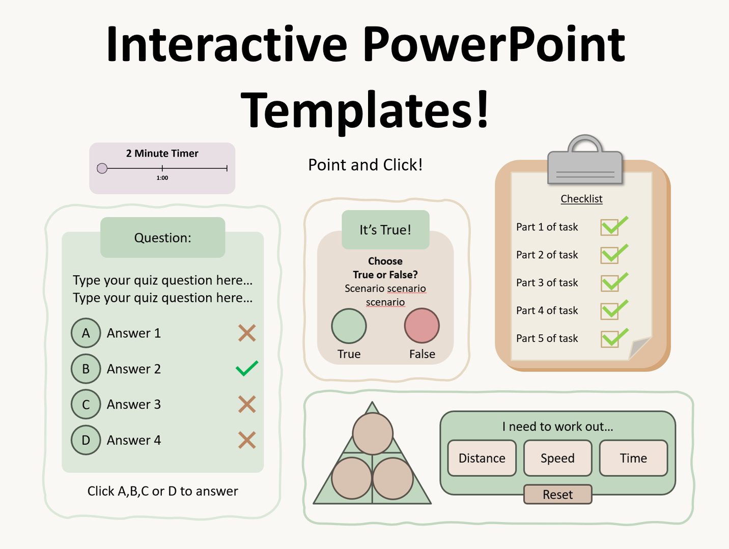 Interactive PowerPoint templates: quiz, checklist, timer, scenarios.