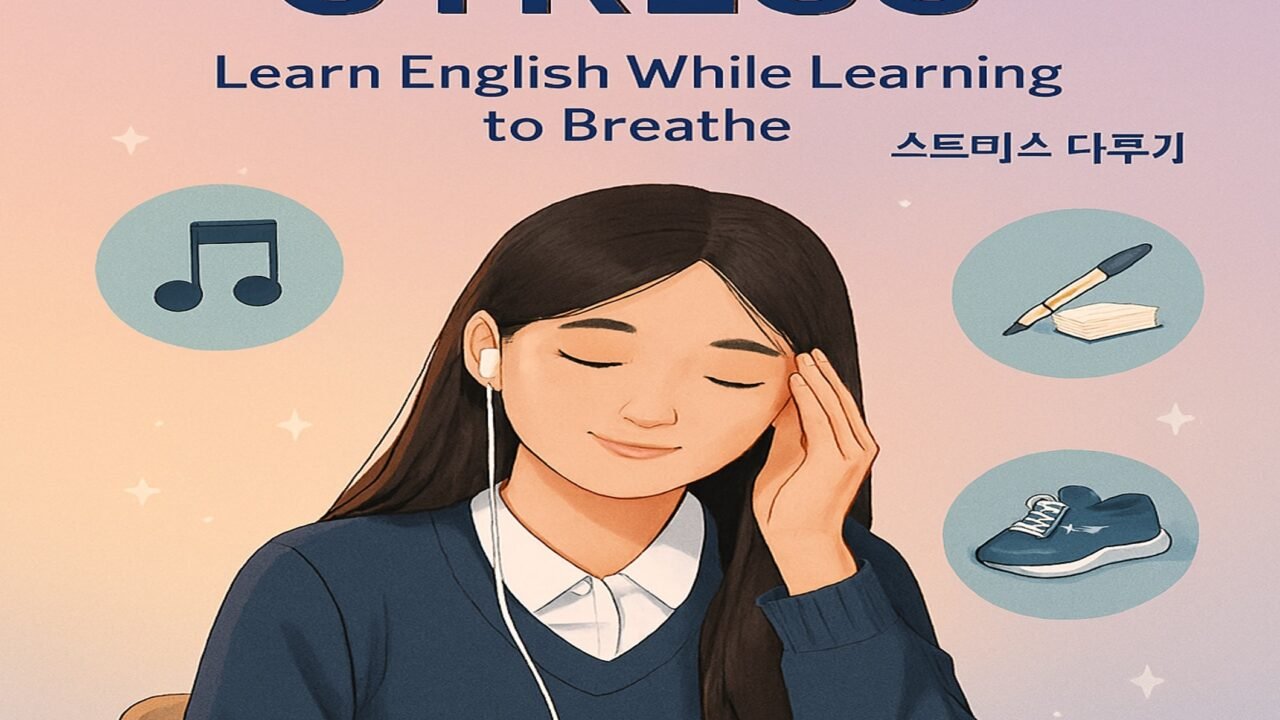 Woman studying with books and headphones.