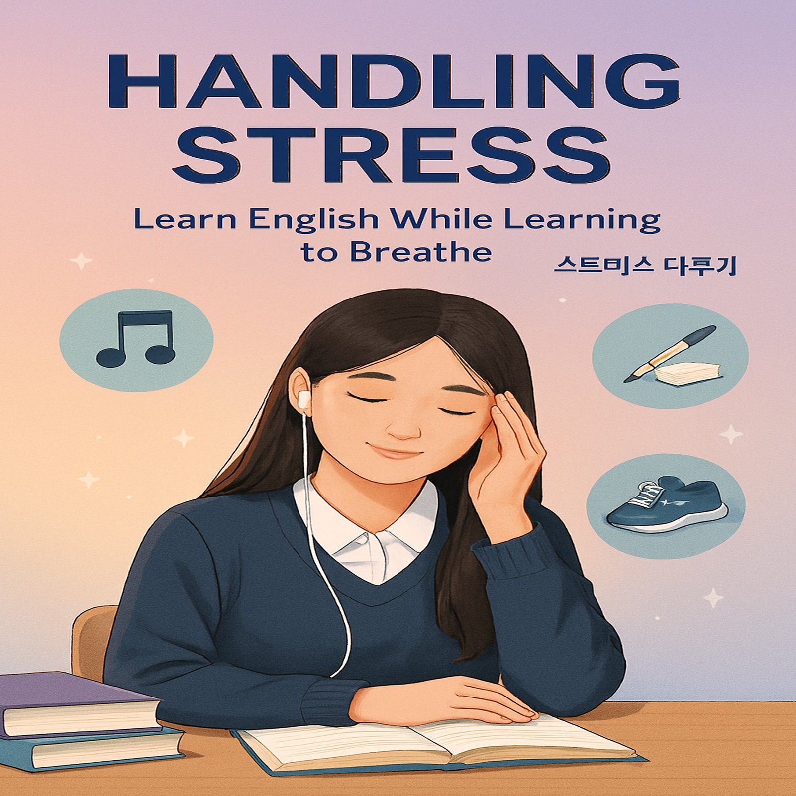 Woman studying with books and headphones.