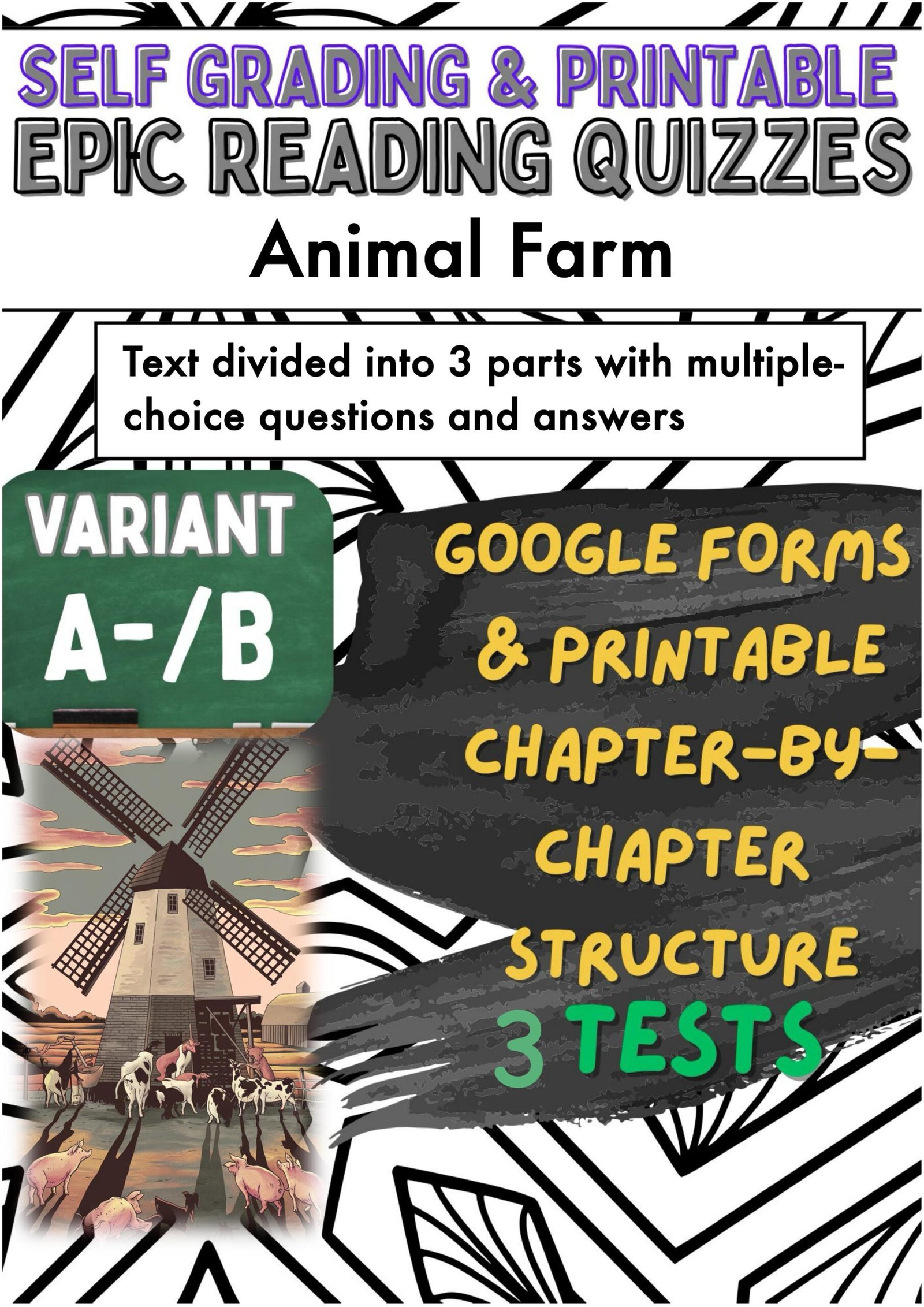 Printable Animal Farm reading quizzes with Google Forms.