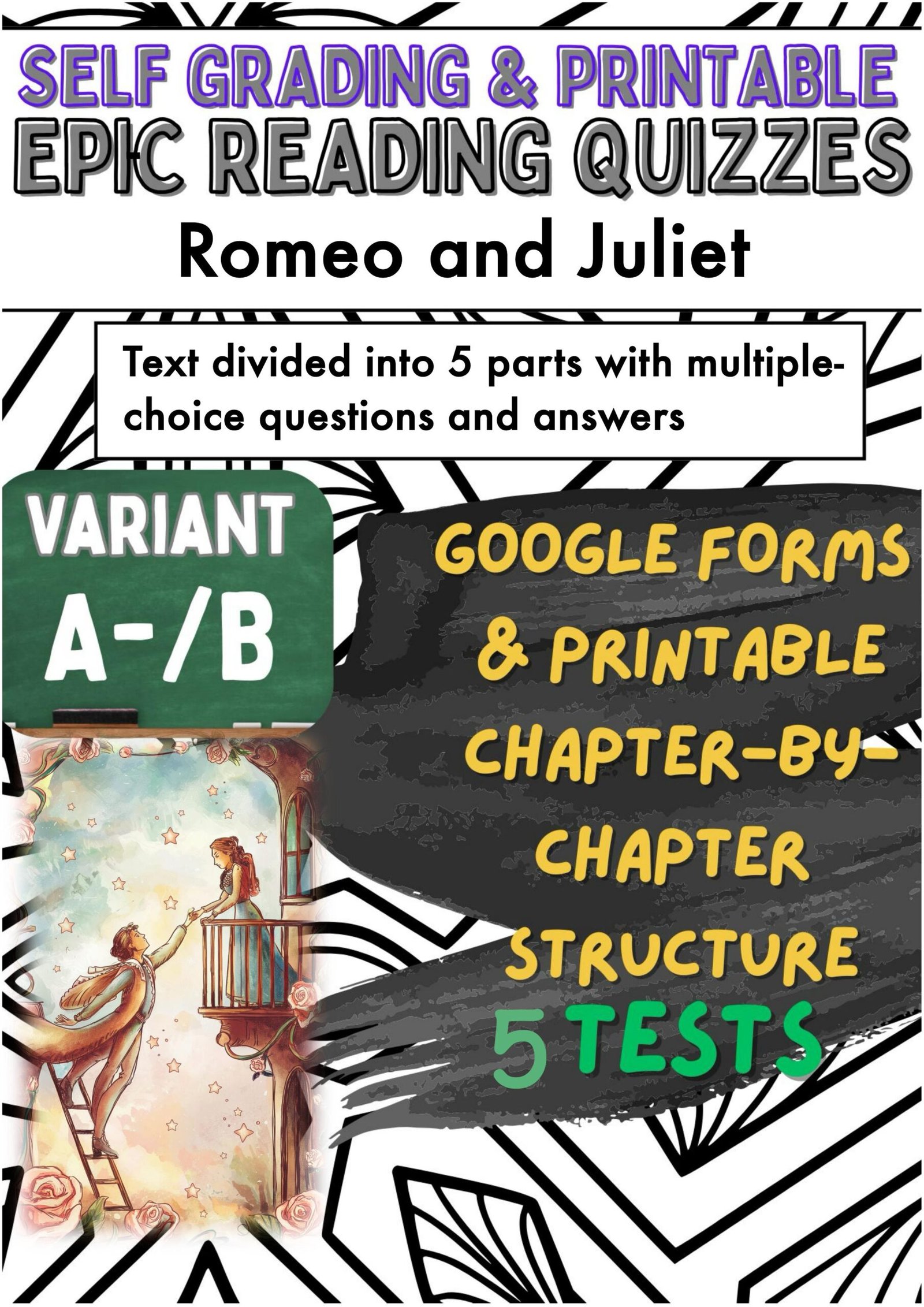 Romeo and Juliet reading quizzes with multiple-choice questions.