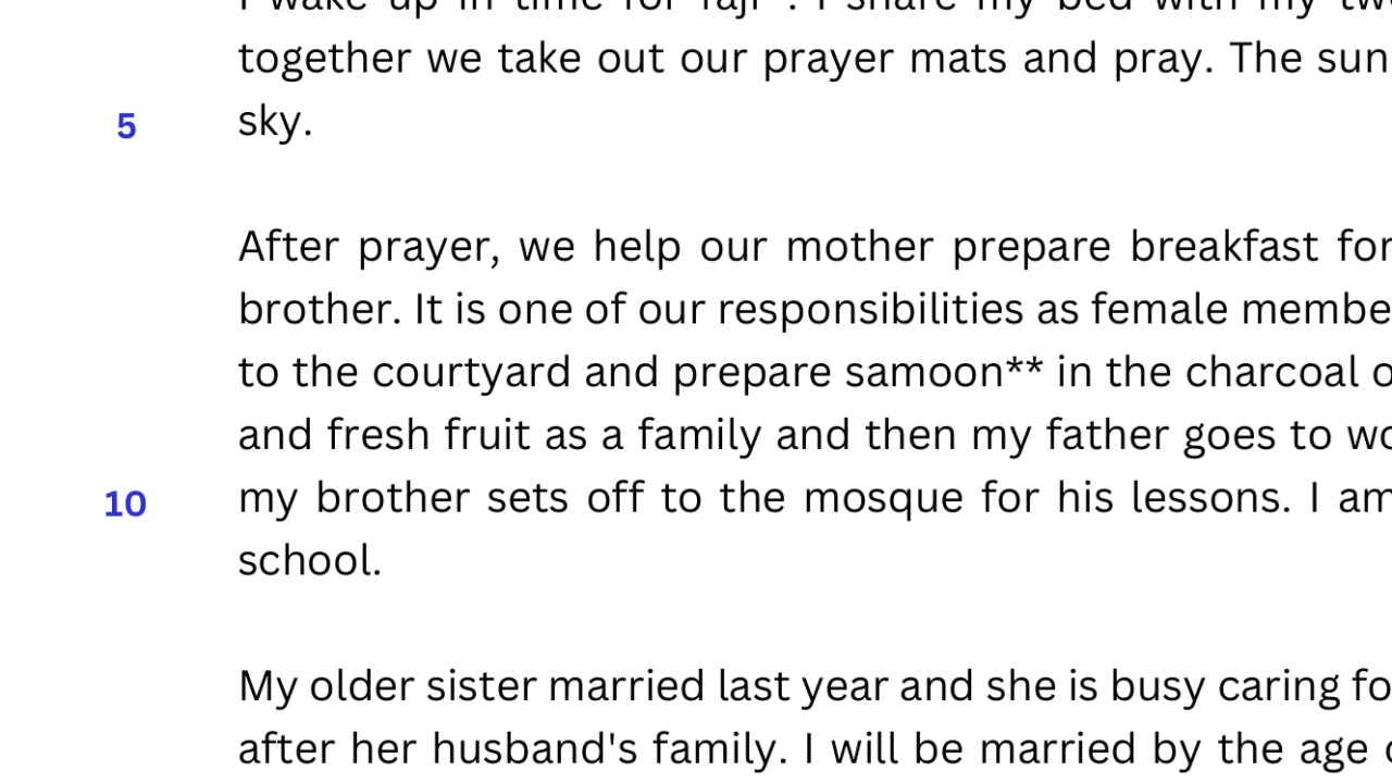 Text describes a girl's daily life in Baghdad.