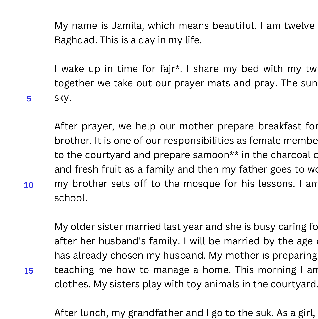 Text describes a girl's daily life in Baghdad.