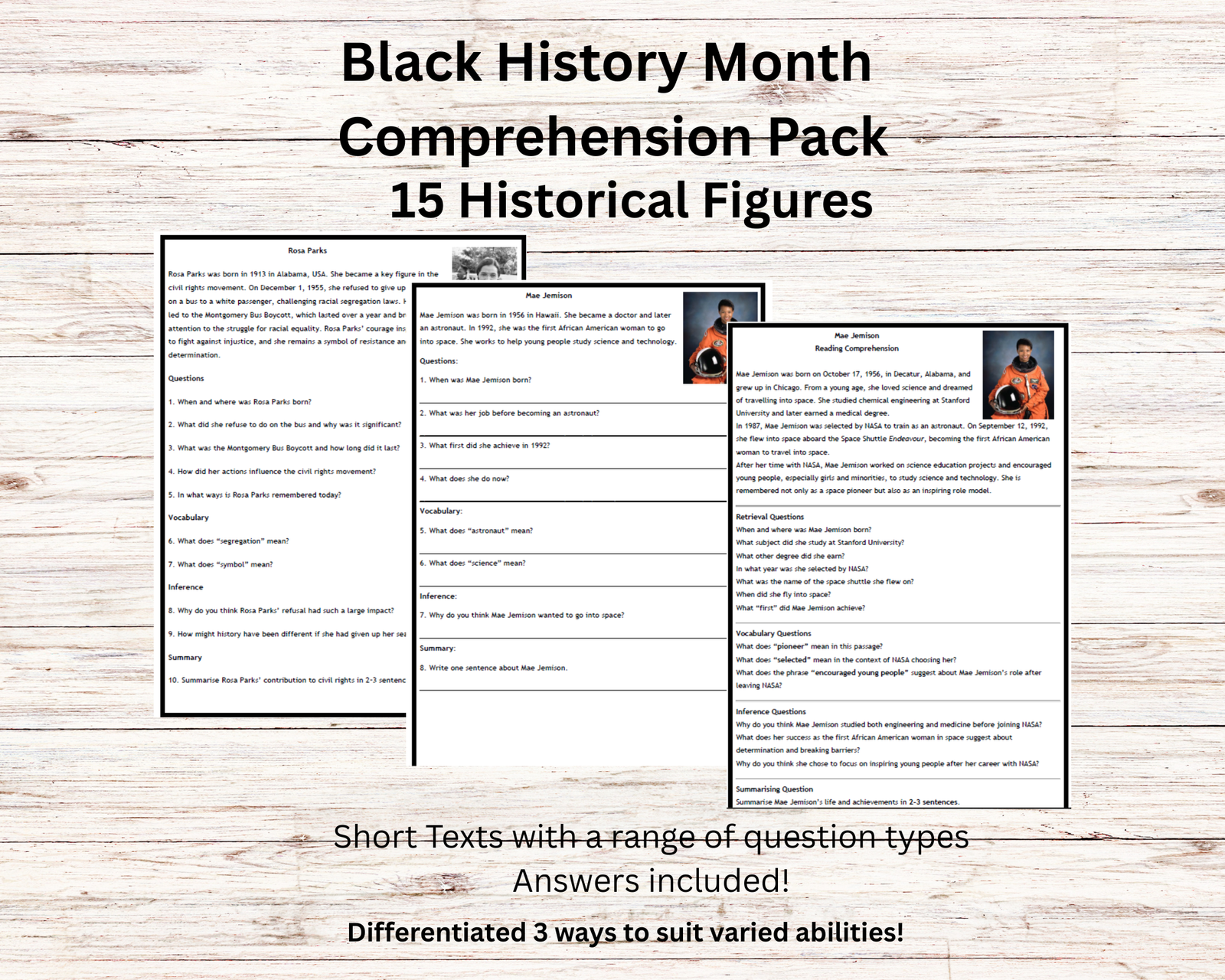 Black History Month comprehension pack with 15 historical figures.