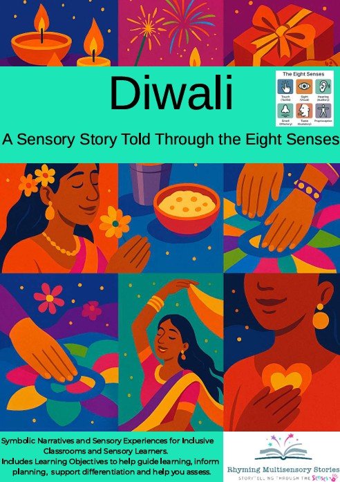 Illustrated Diwali celebration with sensory storytelling elements.