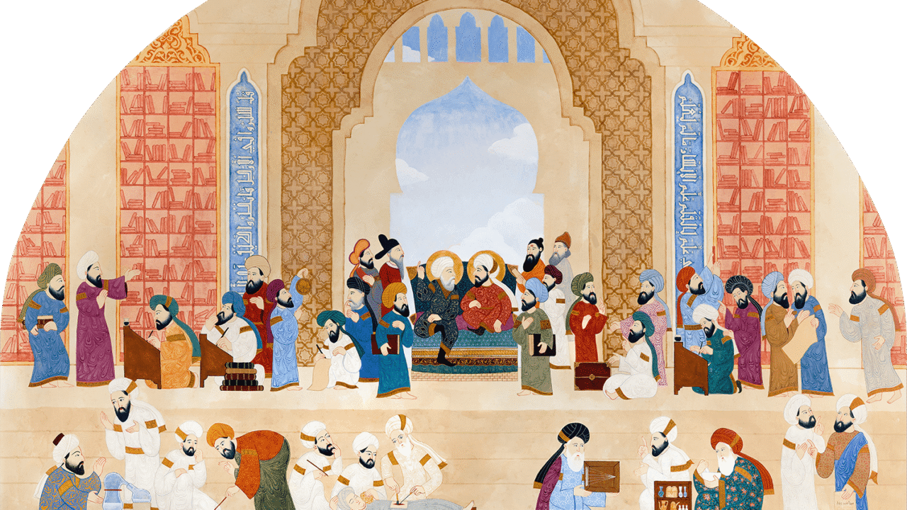 Illustration of scholars in ancient Islamic library.