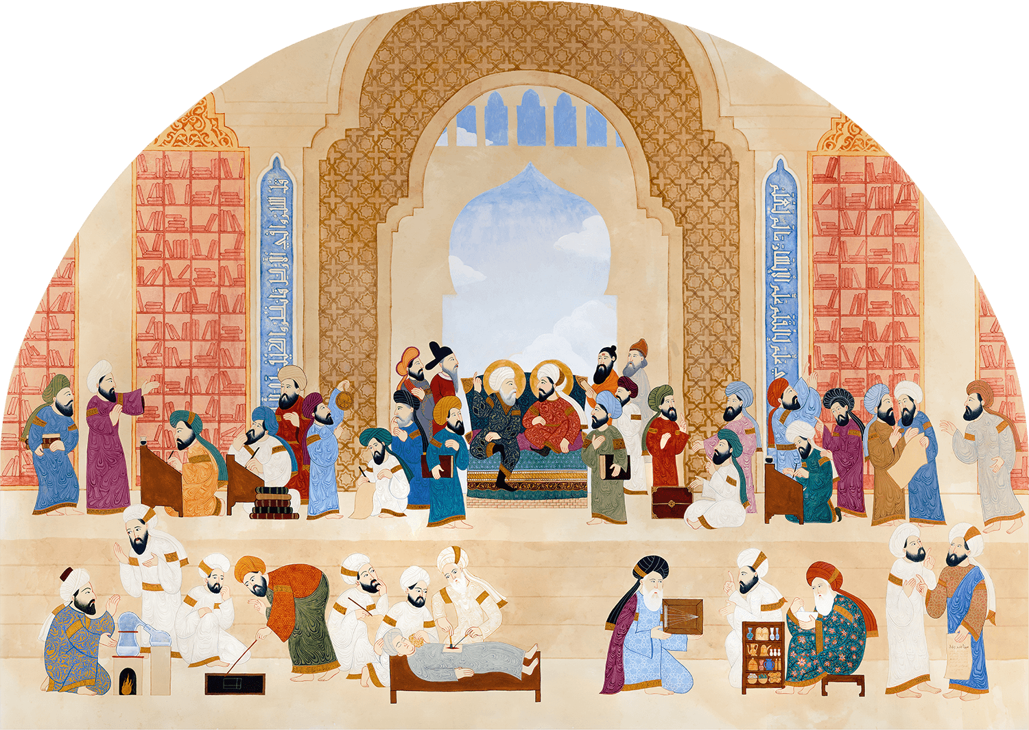 Illustration of scholars in ancient Islamic library.