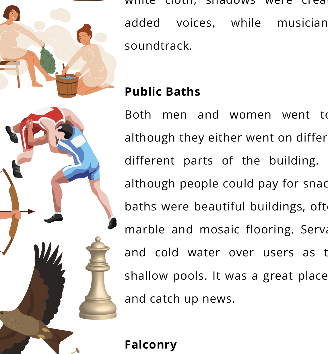 Illustrations of public baths, wrestling, archery, falconry, chess.