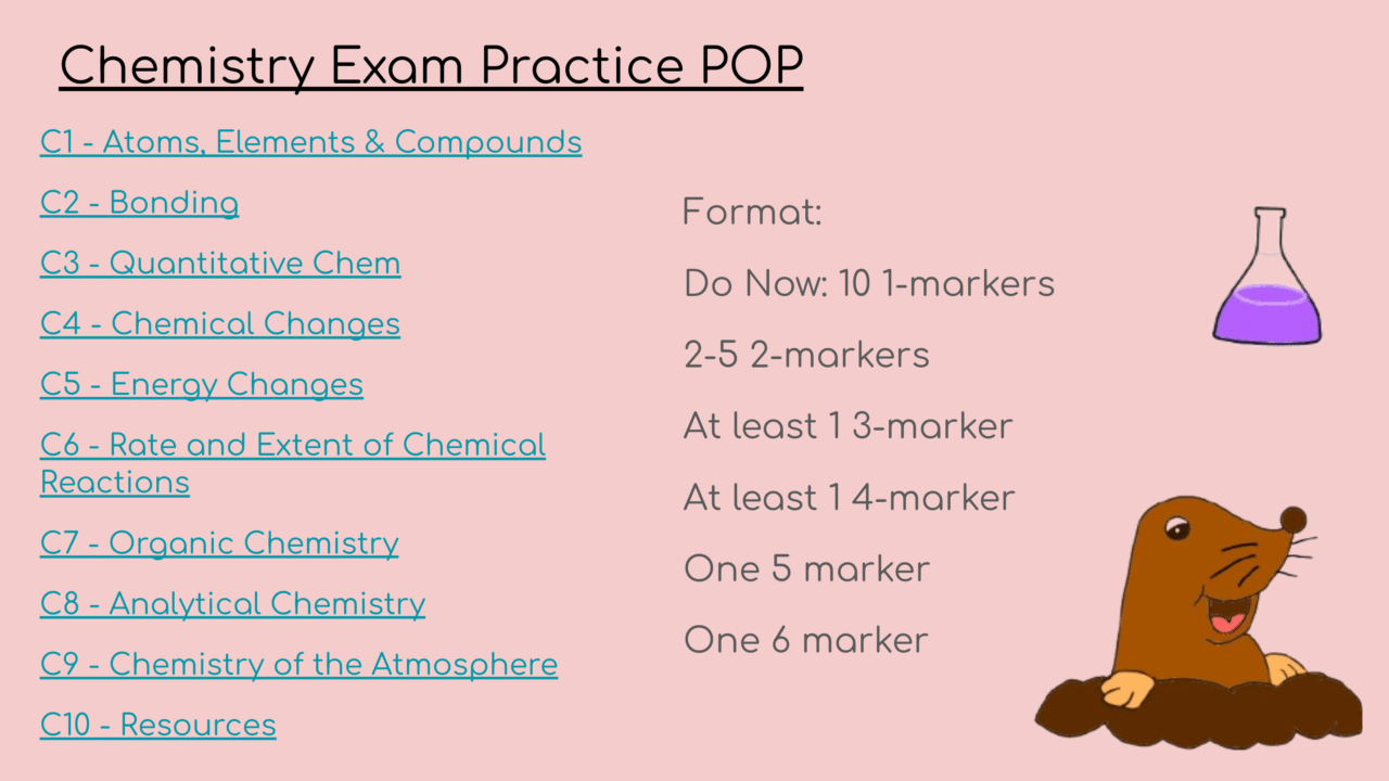 Chemistry exam topics and format list with cartoon mole.