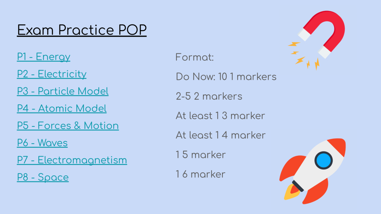 Exam practice topics and marking format guide.