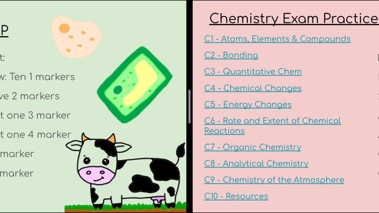 Biology and Chemistry exam practice topics and formats.