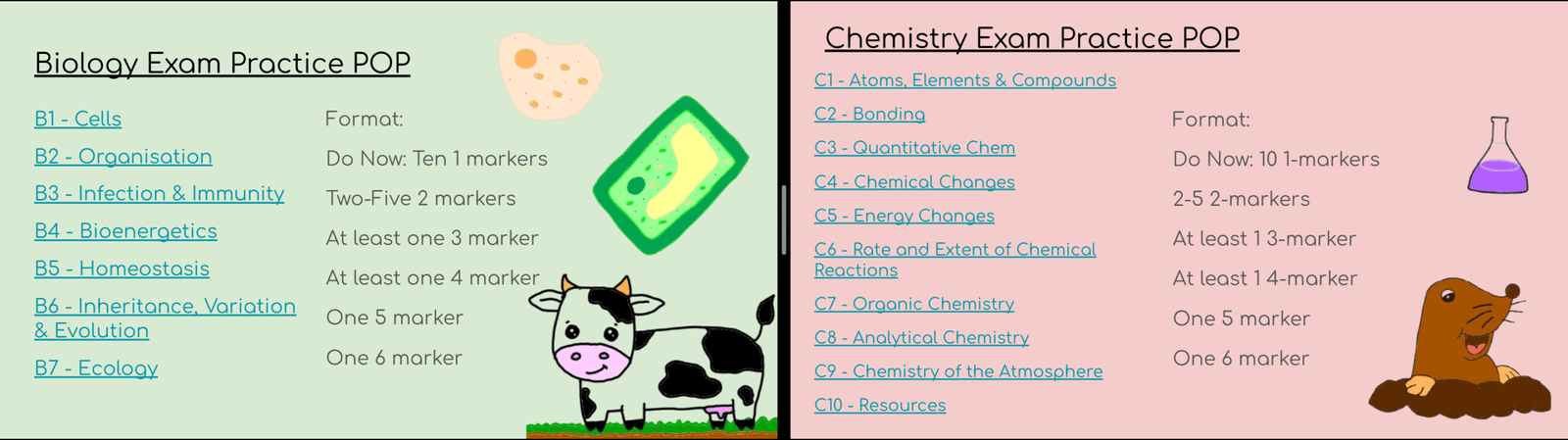 Biology and Chemistry exam practice topics and formats.