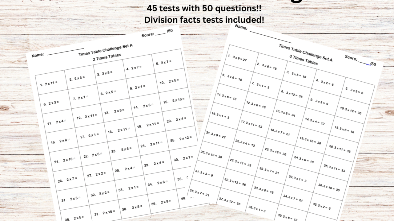 Times table challenge worksheets, 2-12 tables included.