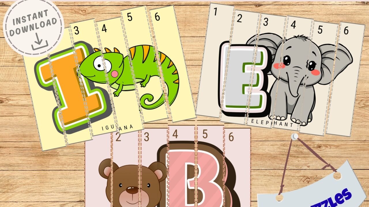Printable alphabet puzzle with animal illustrations.
