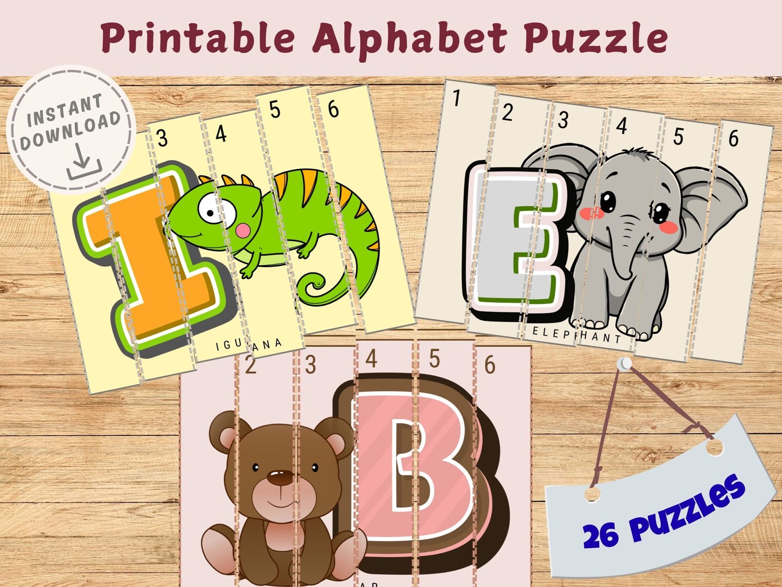 Printable alphabet puzzle with animal illustrations.