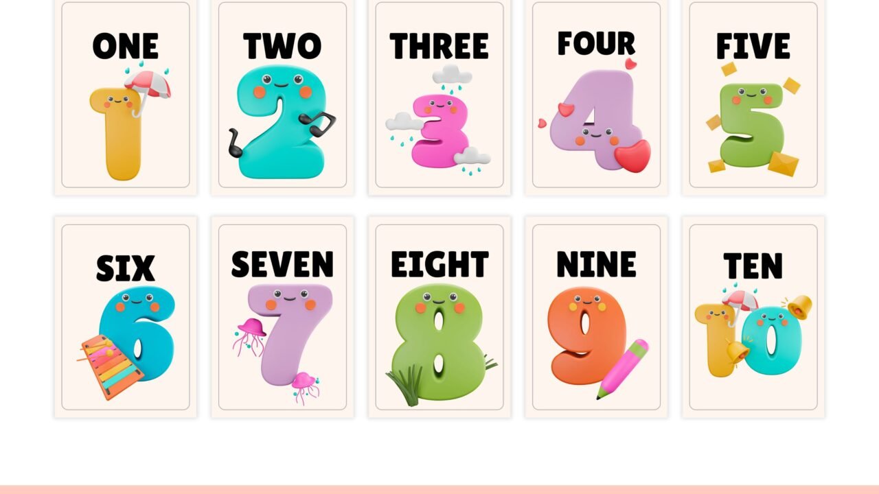 Colourful number flashcards from one to ten.