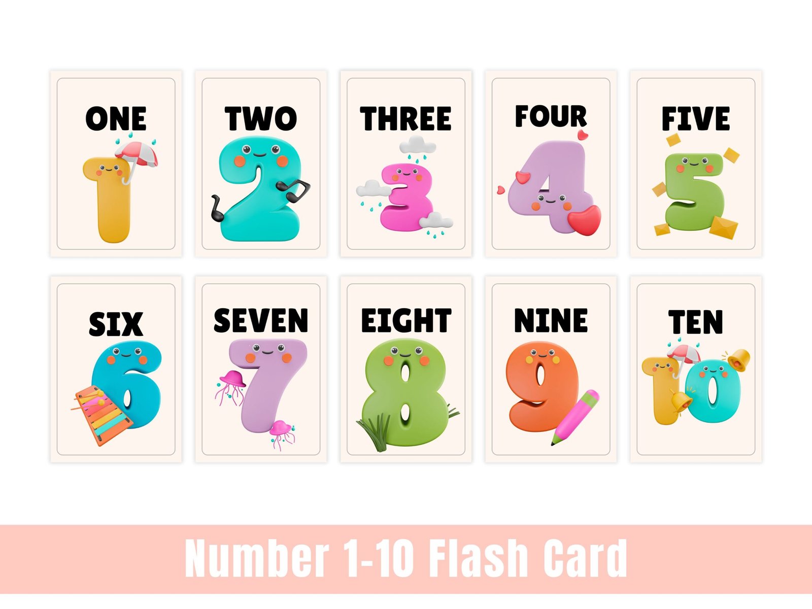 Colourful number flashcards from one to ten.