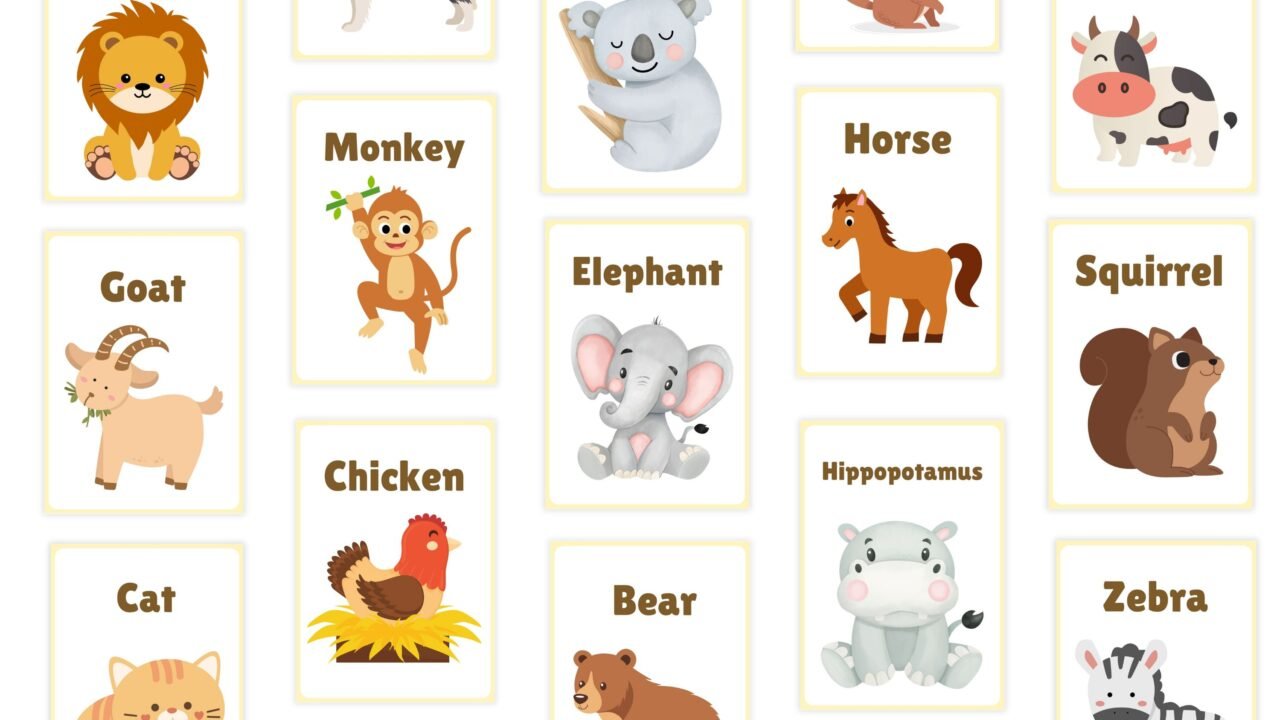 Animal flashcards: lion, koala, monkey, horse, more.