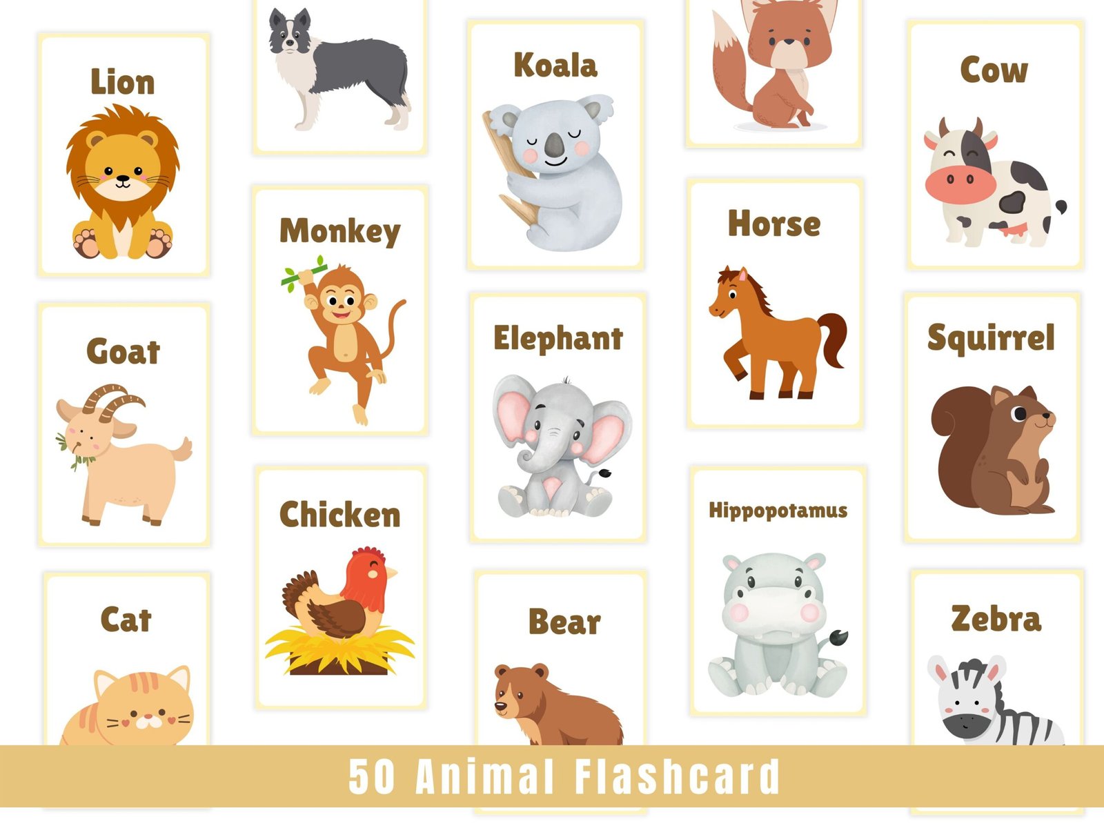 Animal flashcards: lion, koala, monkey, horse, more.