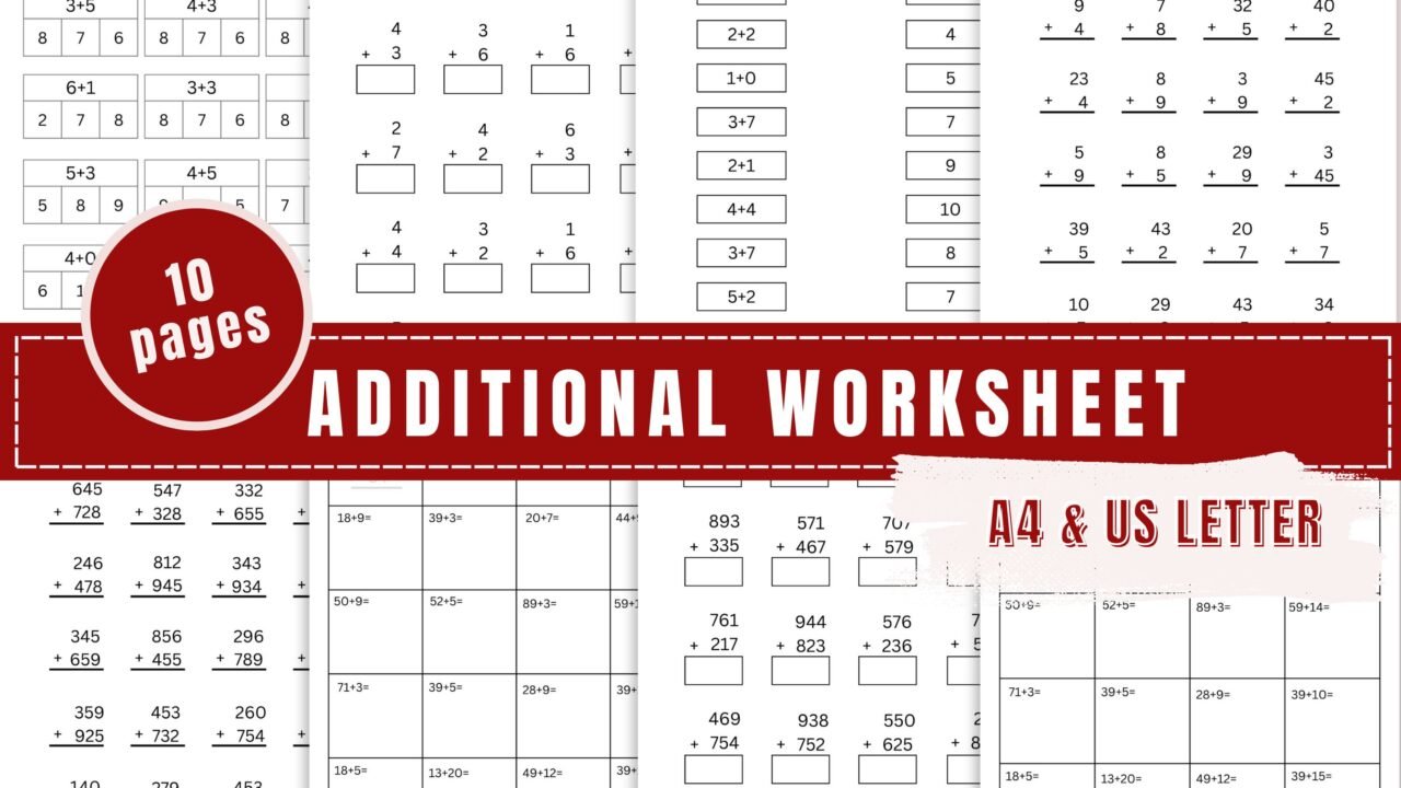 Math worksheet, 10 pages, A4 and US letter size.
