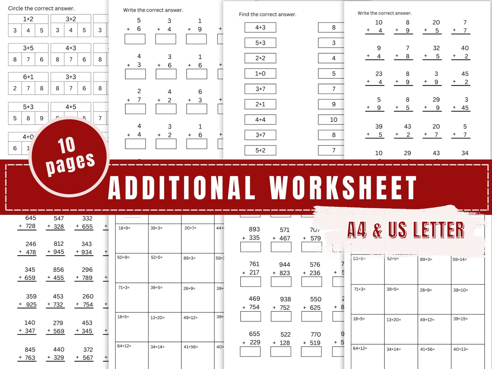 Math worksheet, 10 pages, A4 and US letter size.