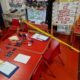 Classroom set up as crime scene for educational activity.