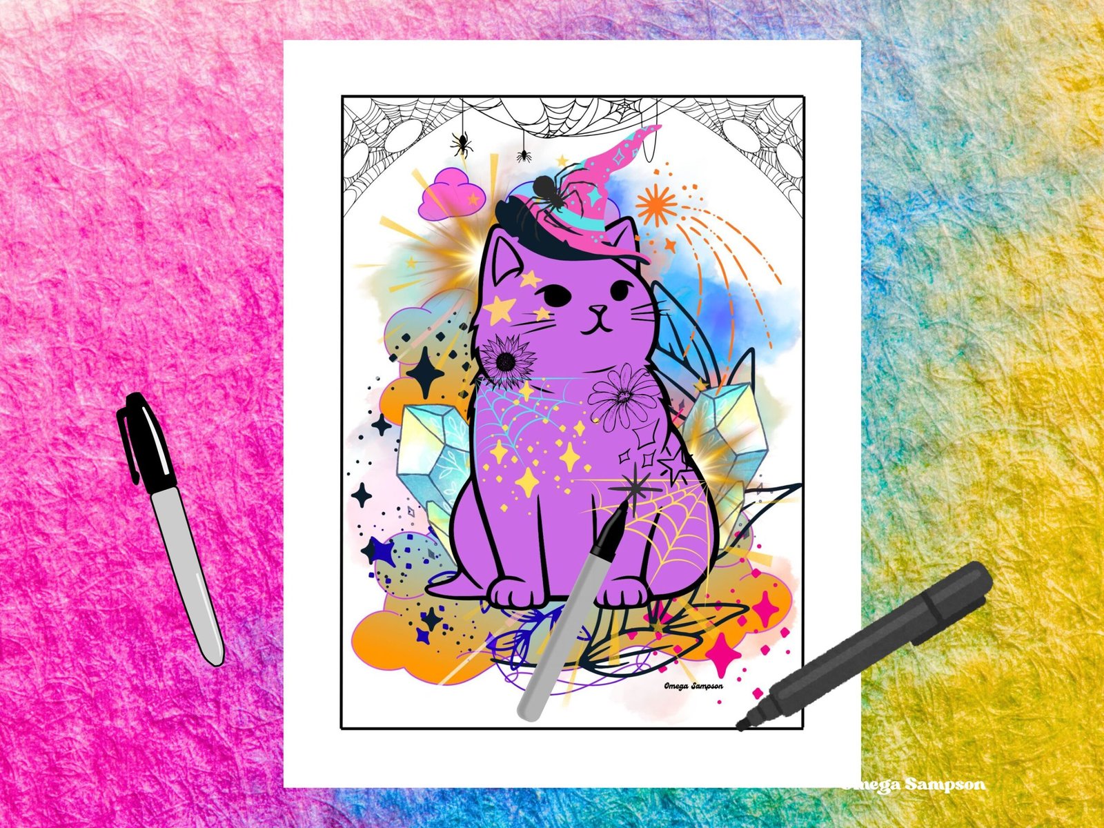 Colourful drawing of a cat with pens nearby.