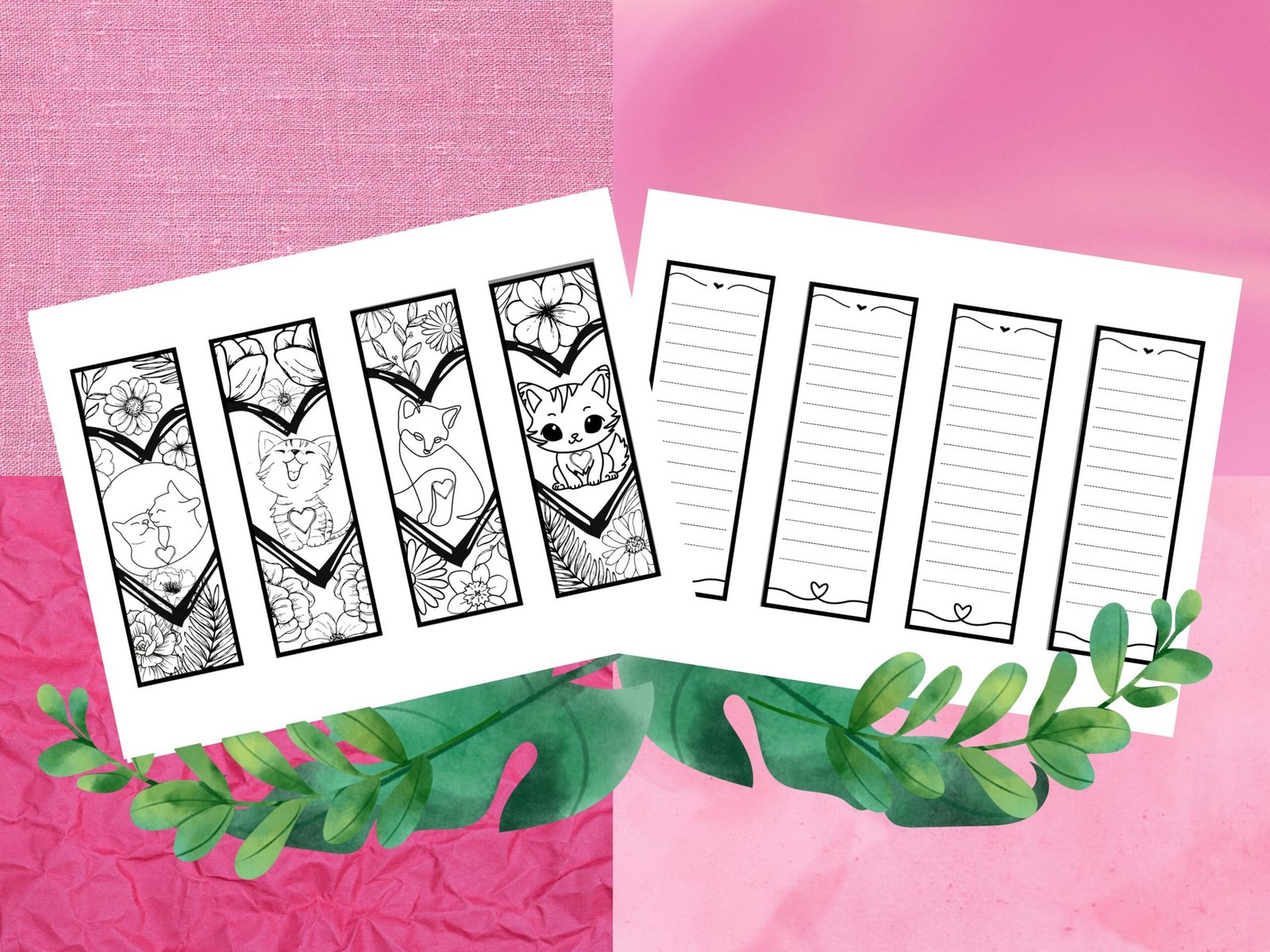 Printable cat-themed bookmarks and lined templates.