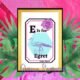 E is for Egret with floral design.
