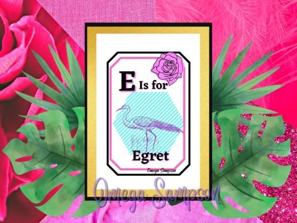 E is for Egret with floral design.