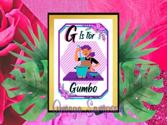 Illustration: G is for gumbo with tropical leaves.
