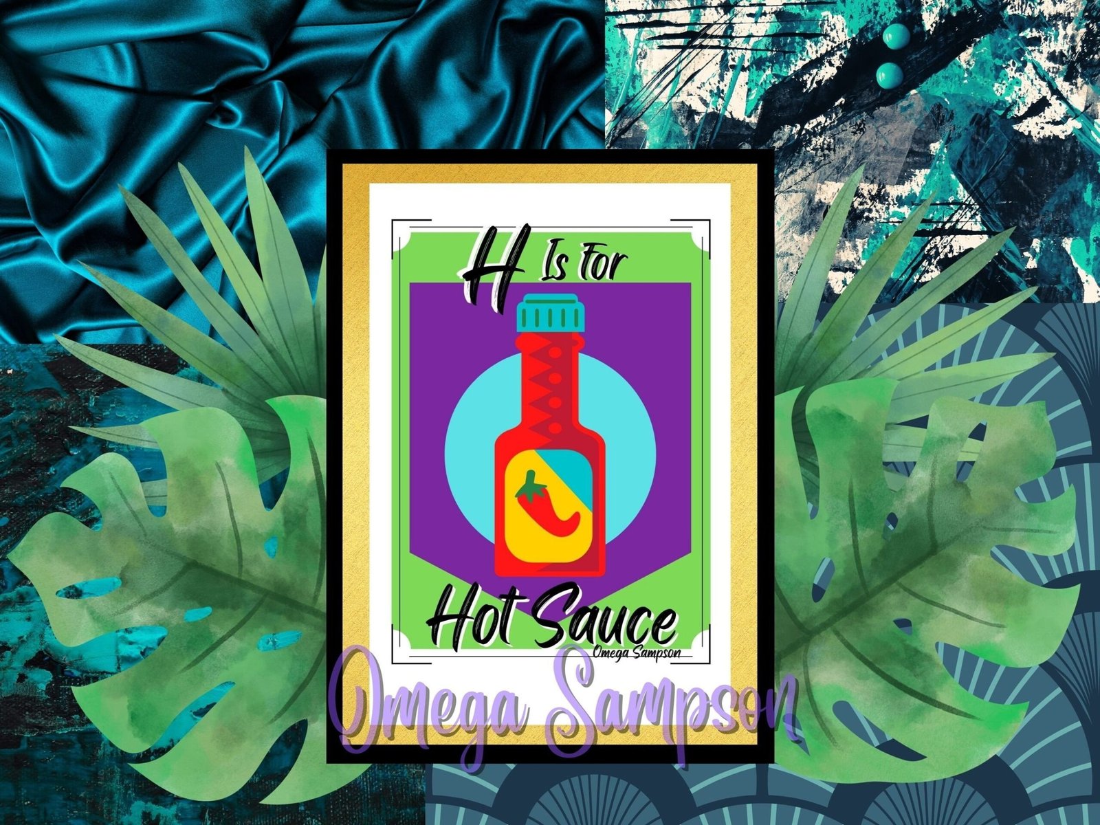 Abstract hot sauce bottle with tropical leaves
