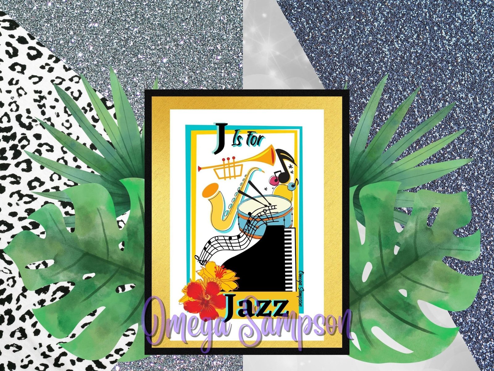 Colourful jazz-themed collage with musical instruments.