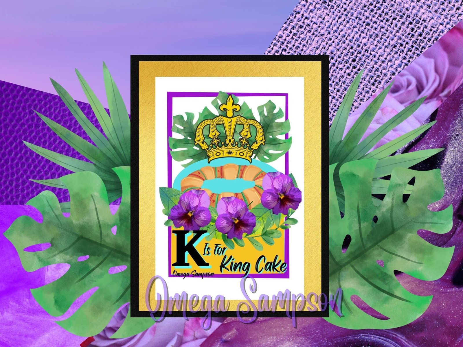 Illustration of King Cake with crown and flowers.