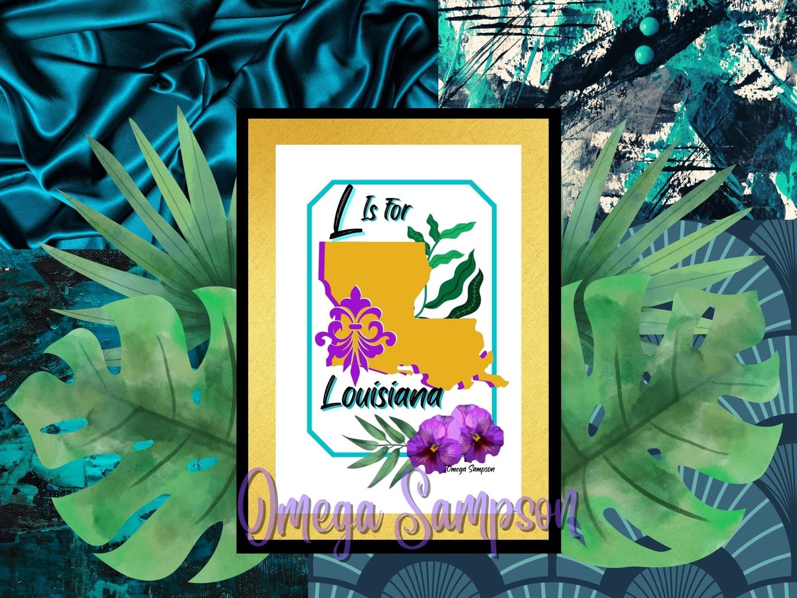 Illustration of Louisiana with flowers and leaves.