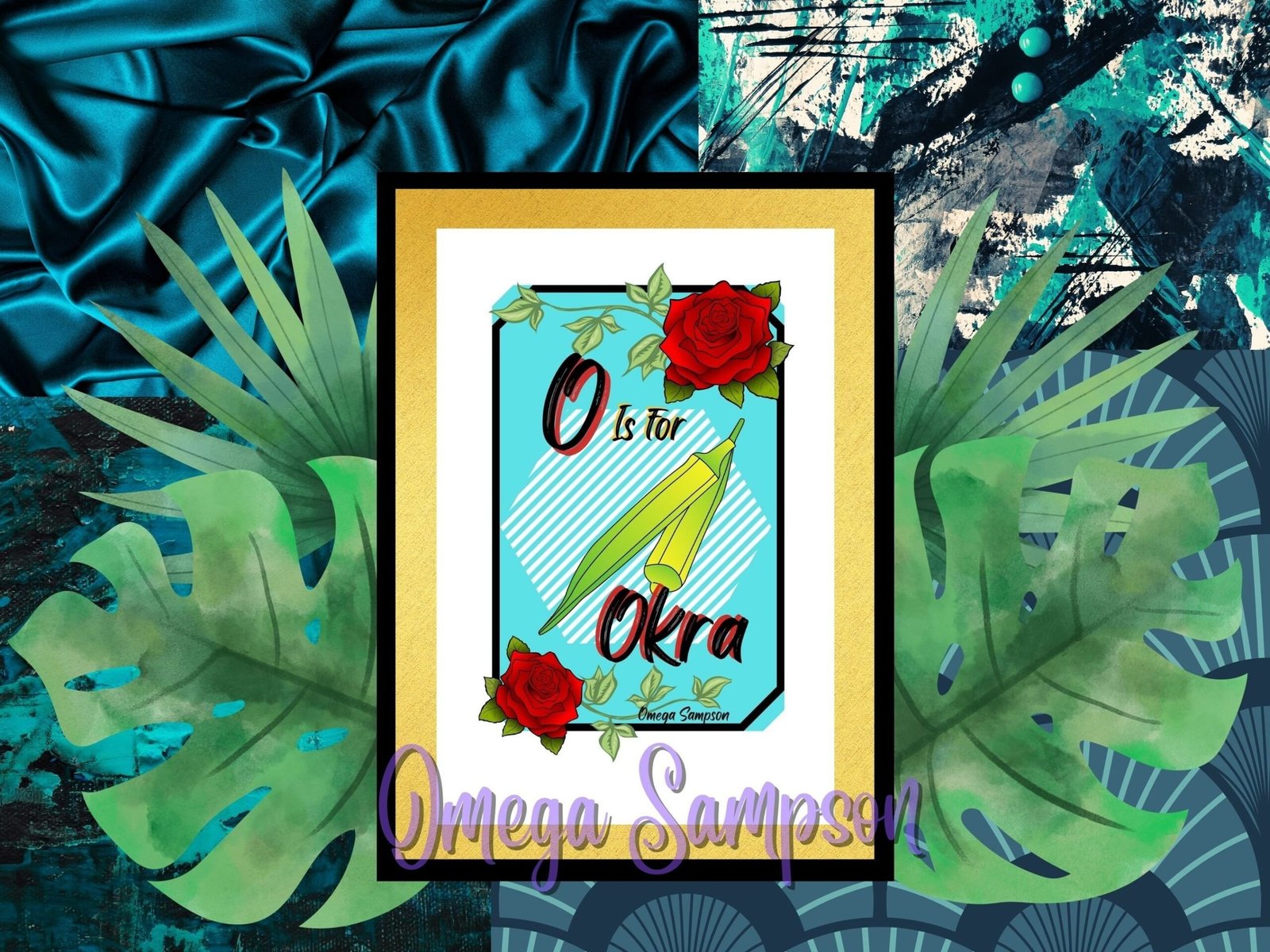 Illustrated letter 'O' with okra and roses.