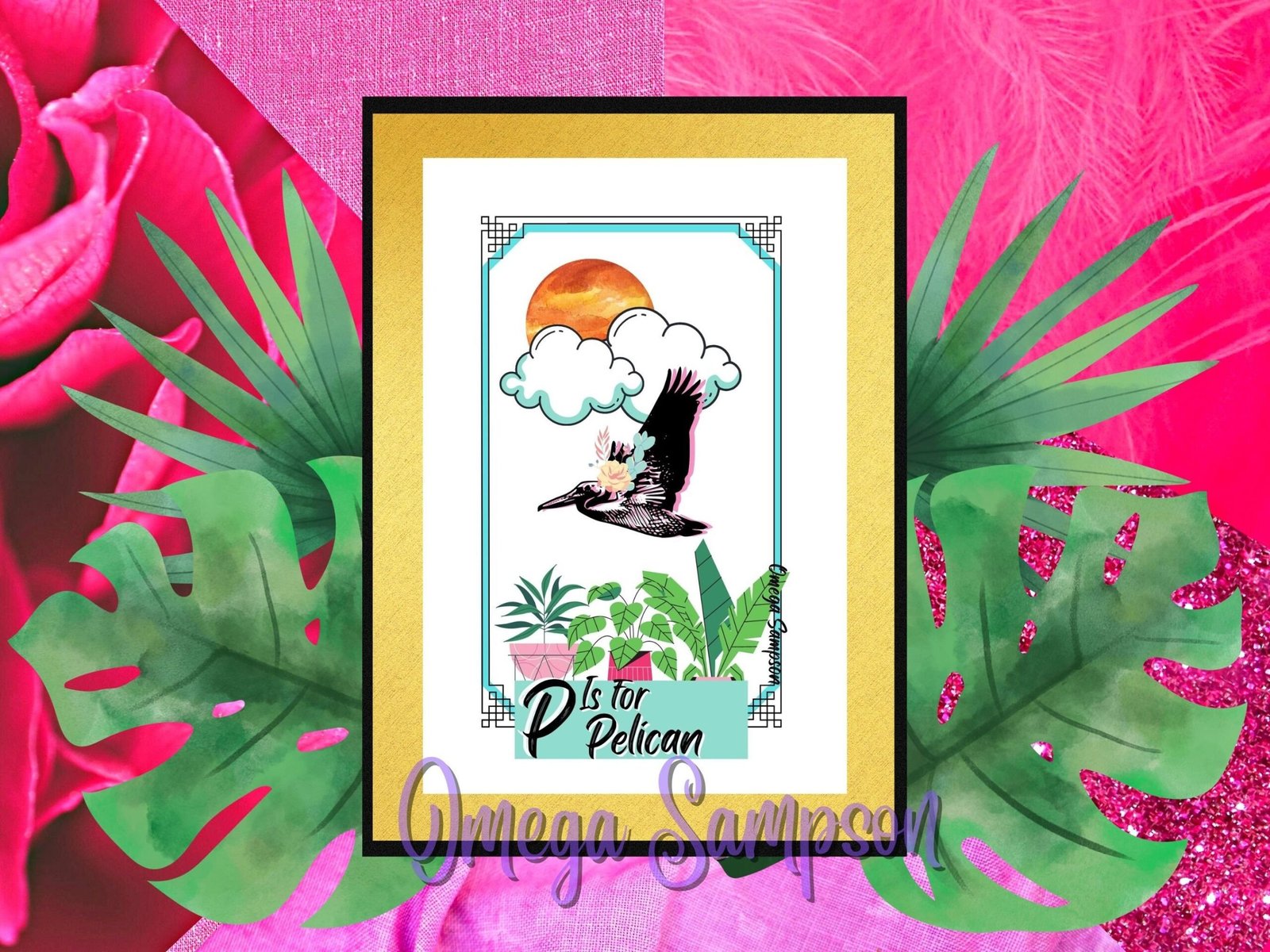 Colourful pelican art with floral background