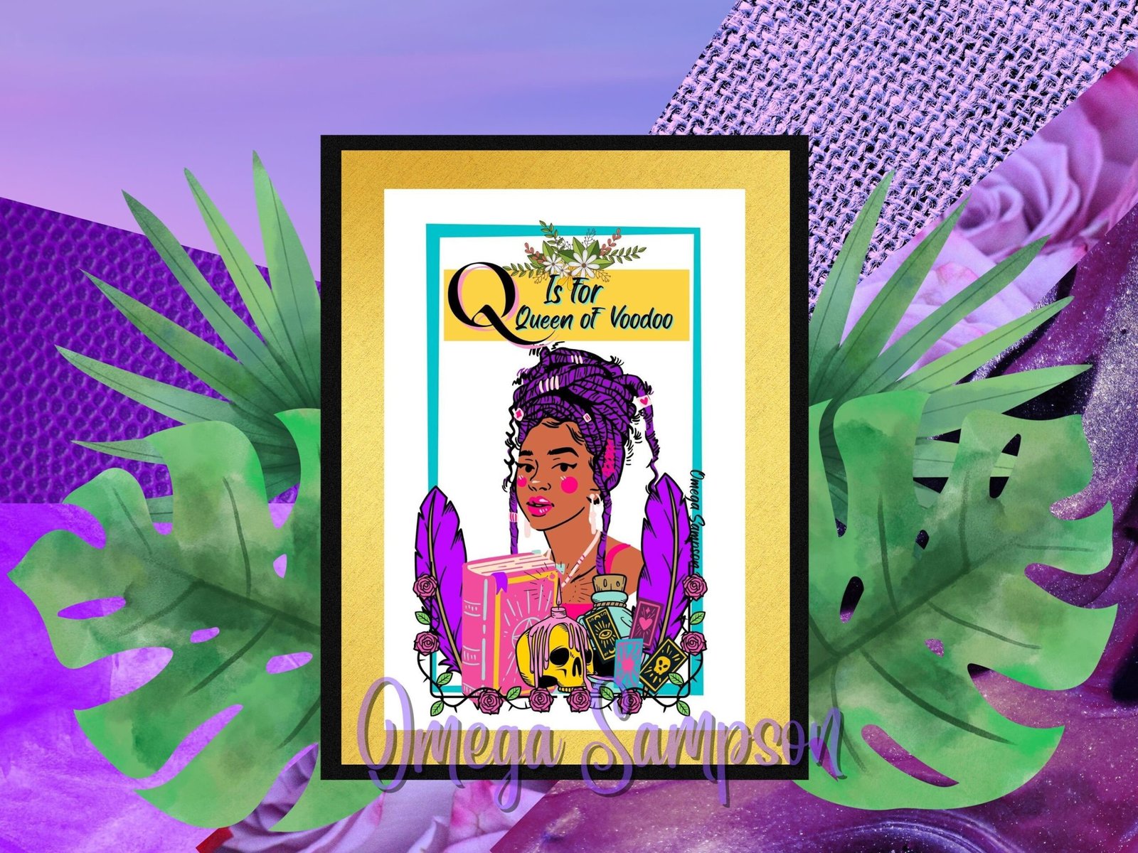 Illustrated Queen of Voodoo with vibrant background.