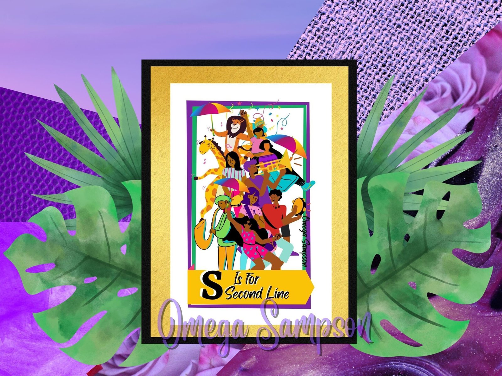 Colourful second line parade illustration with animals.