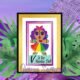 Framed colourful voodoo doll illustration on vibrant background.