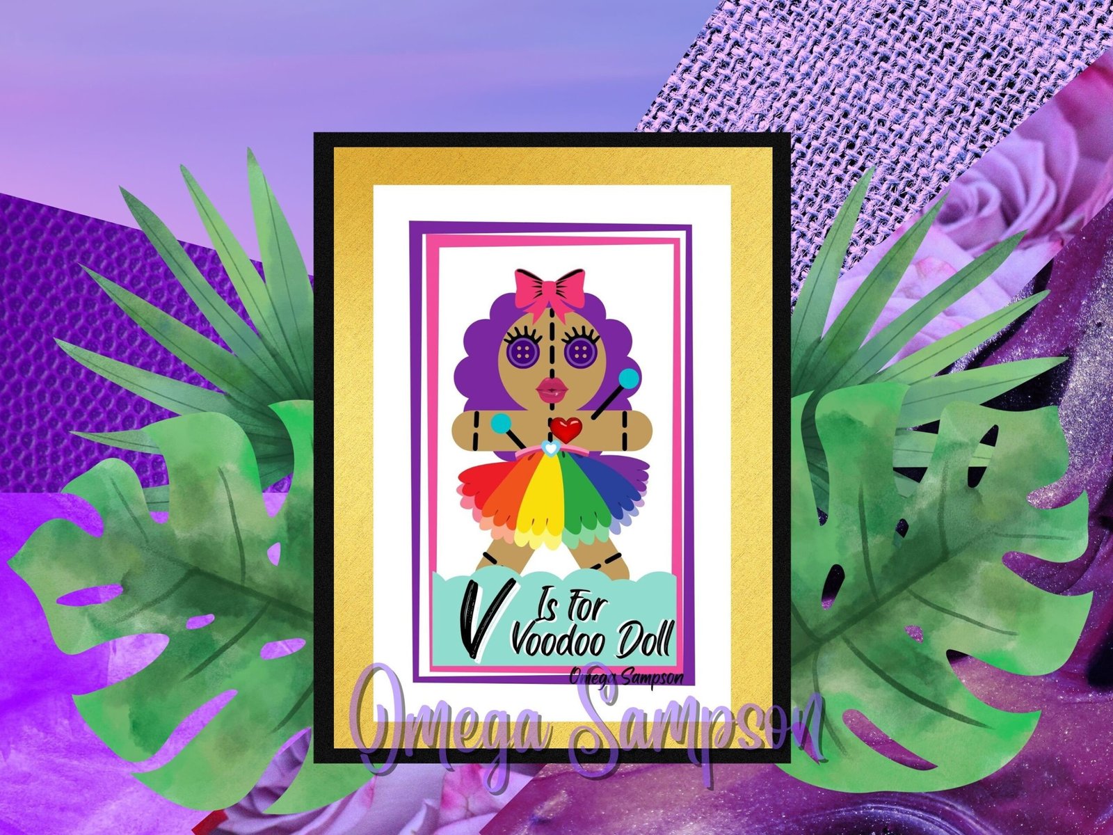 Framed colourful voodoo doll illustration on vibrant background.