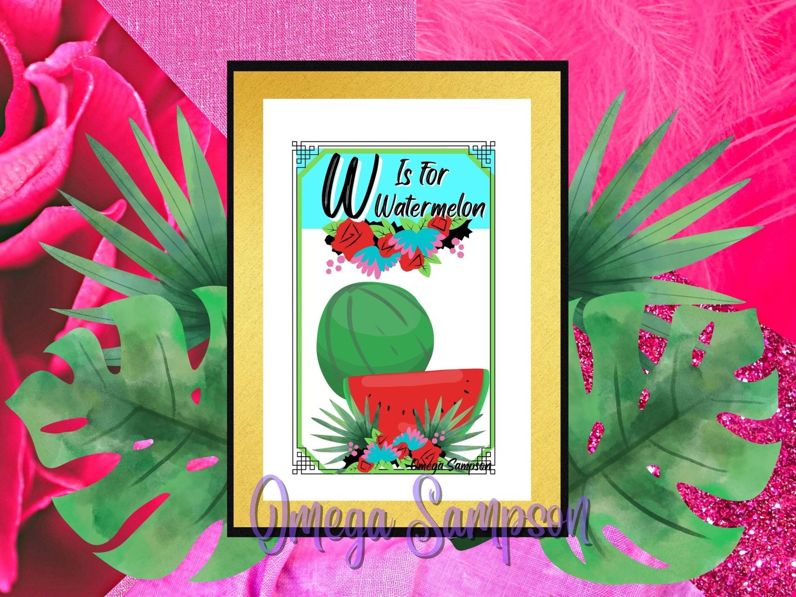 Colorful floral watermelon illustration with letter 'W'.