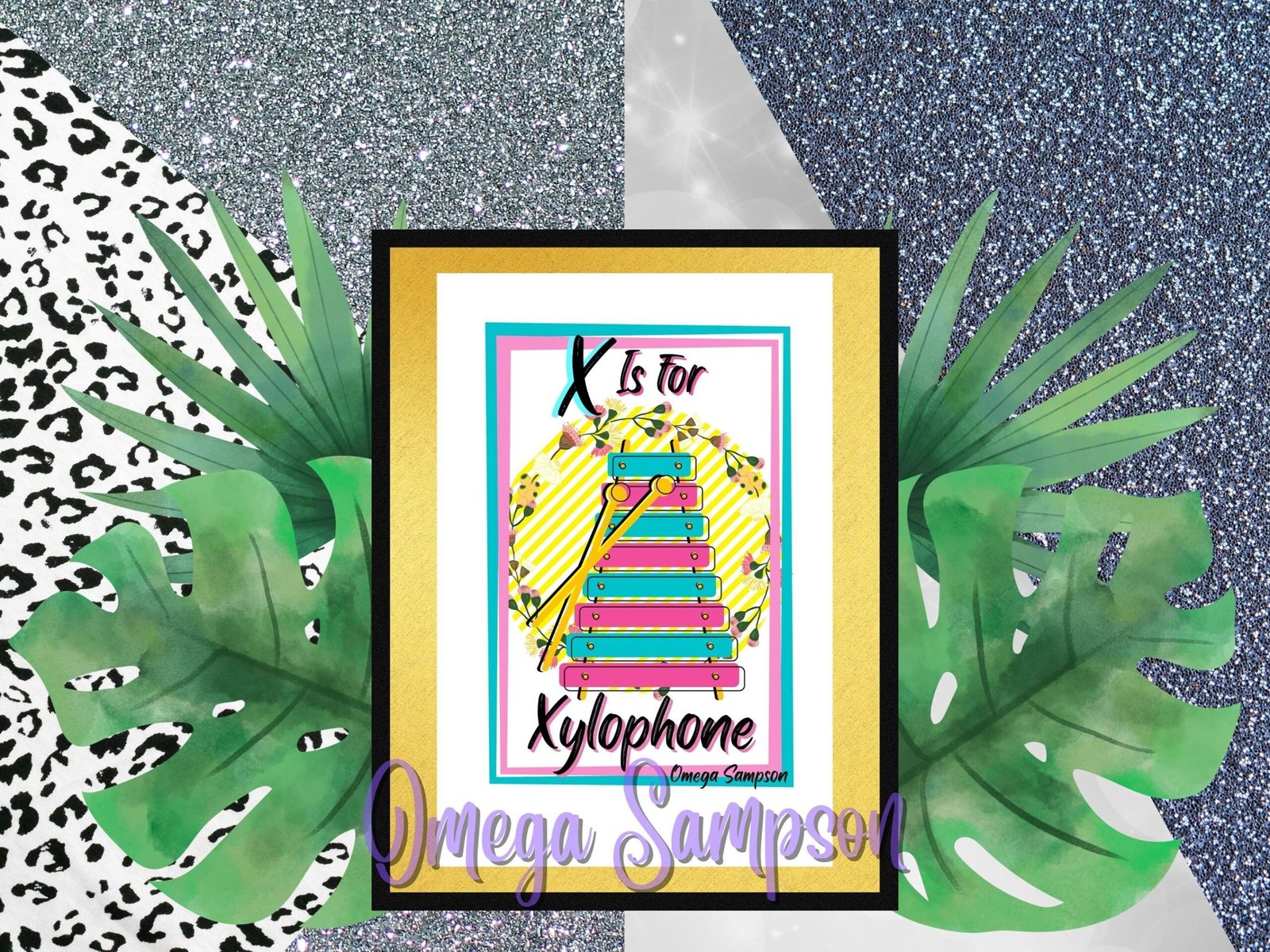 X is for Xylophone artwork with tropical leaves