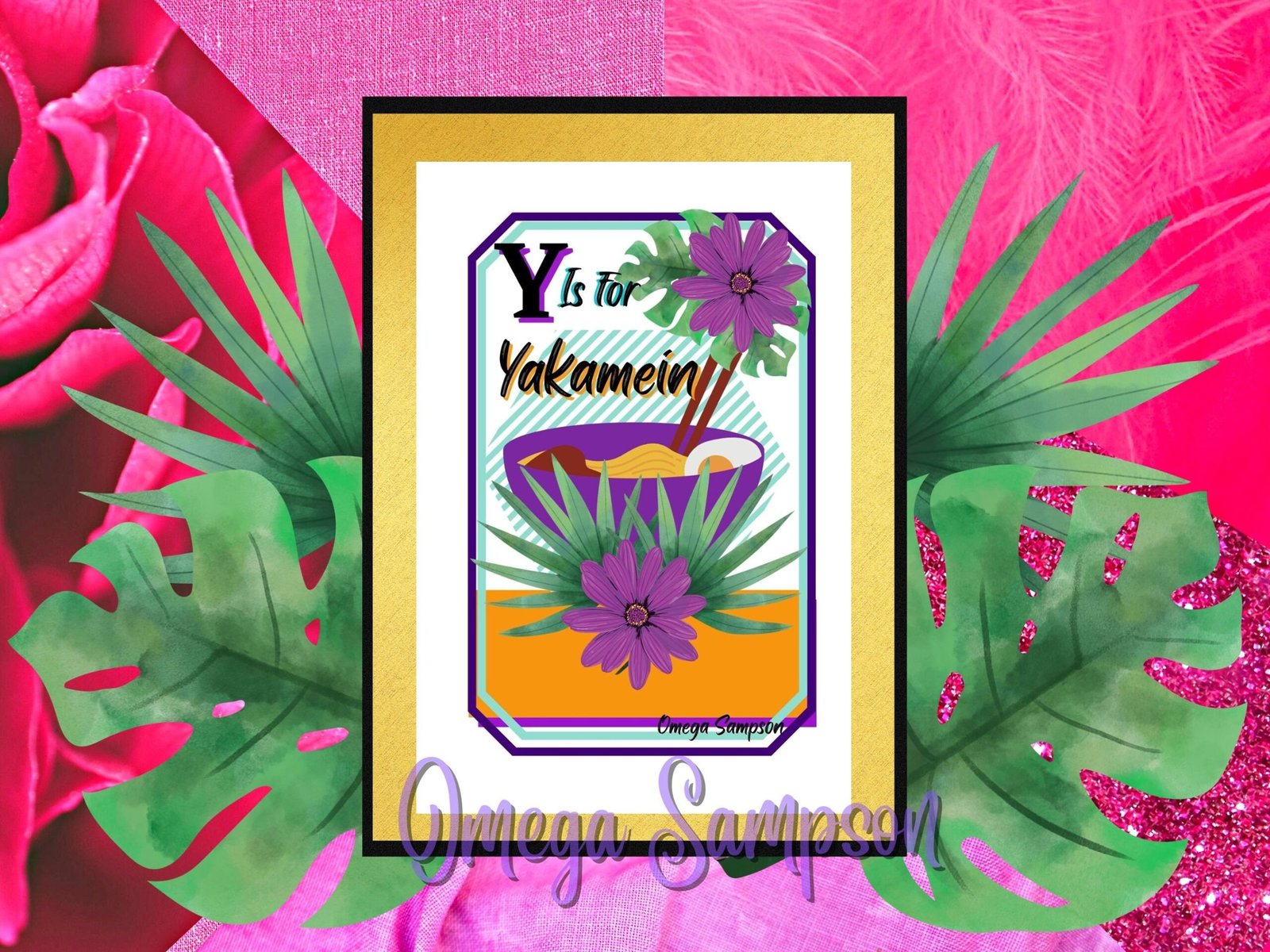 Colourful Yakamein illustration with floral accents.