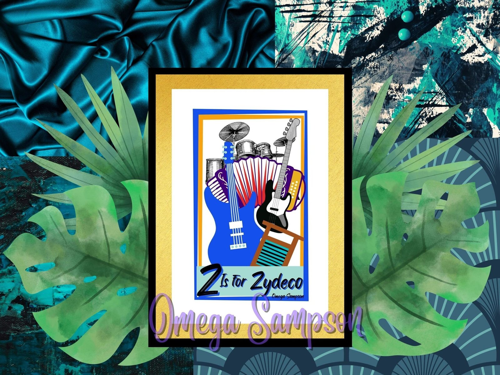 Artistic instruments collage with tropical leaves background.