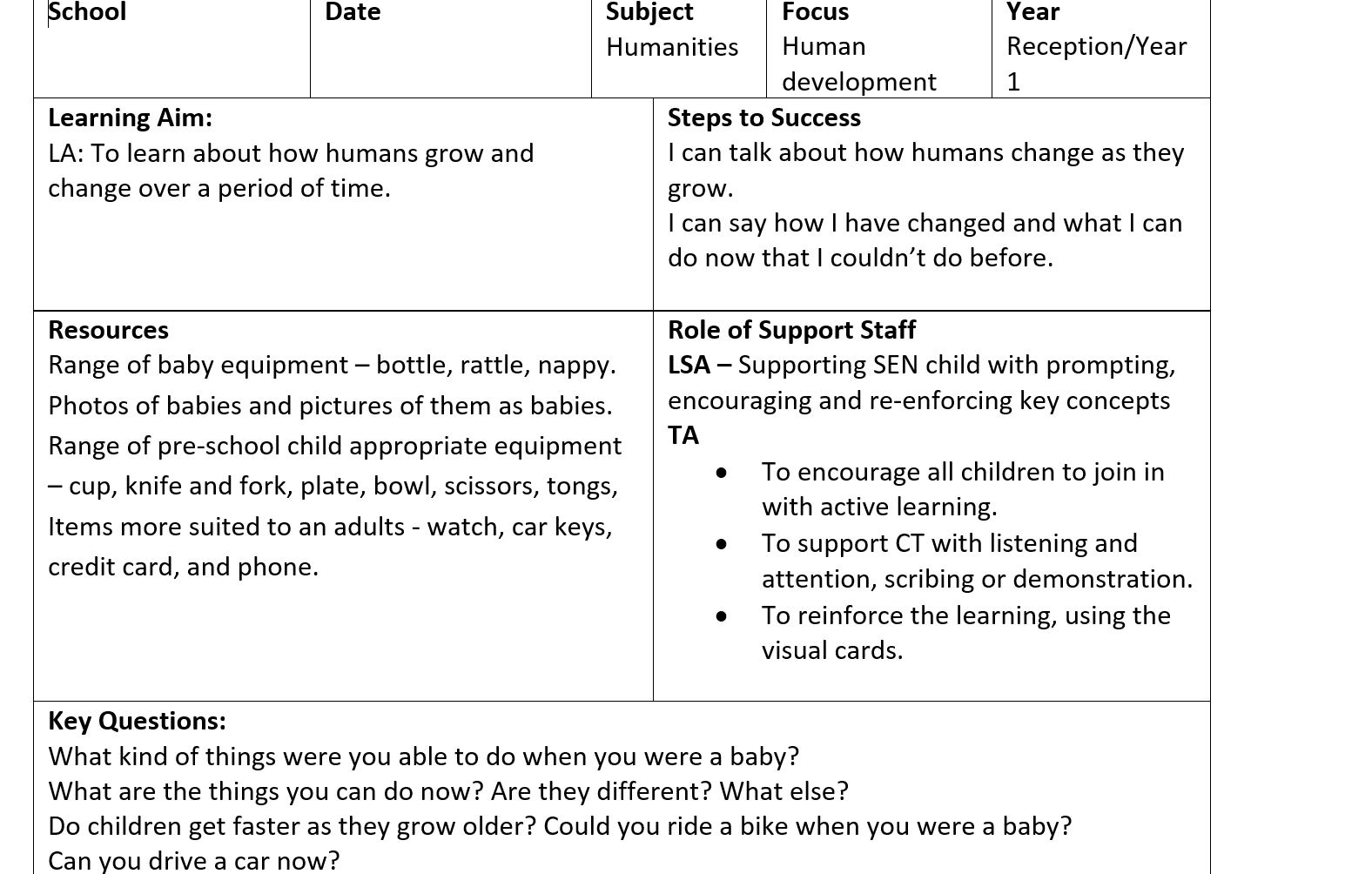 Lesson plan on human growth and change.