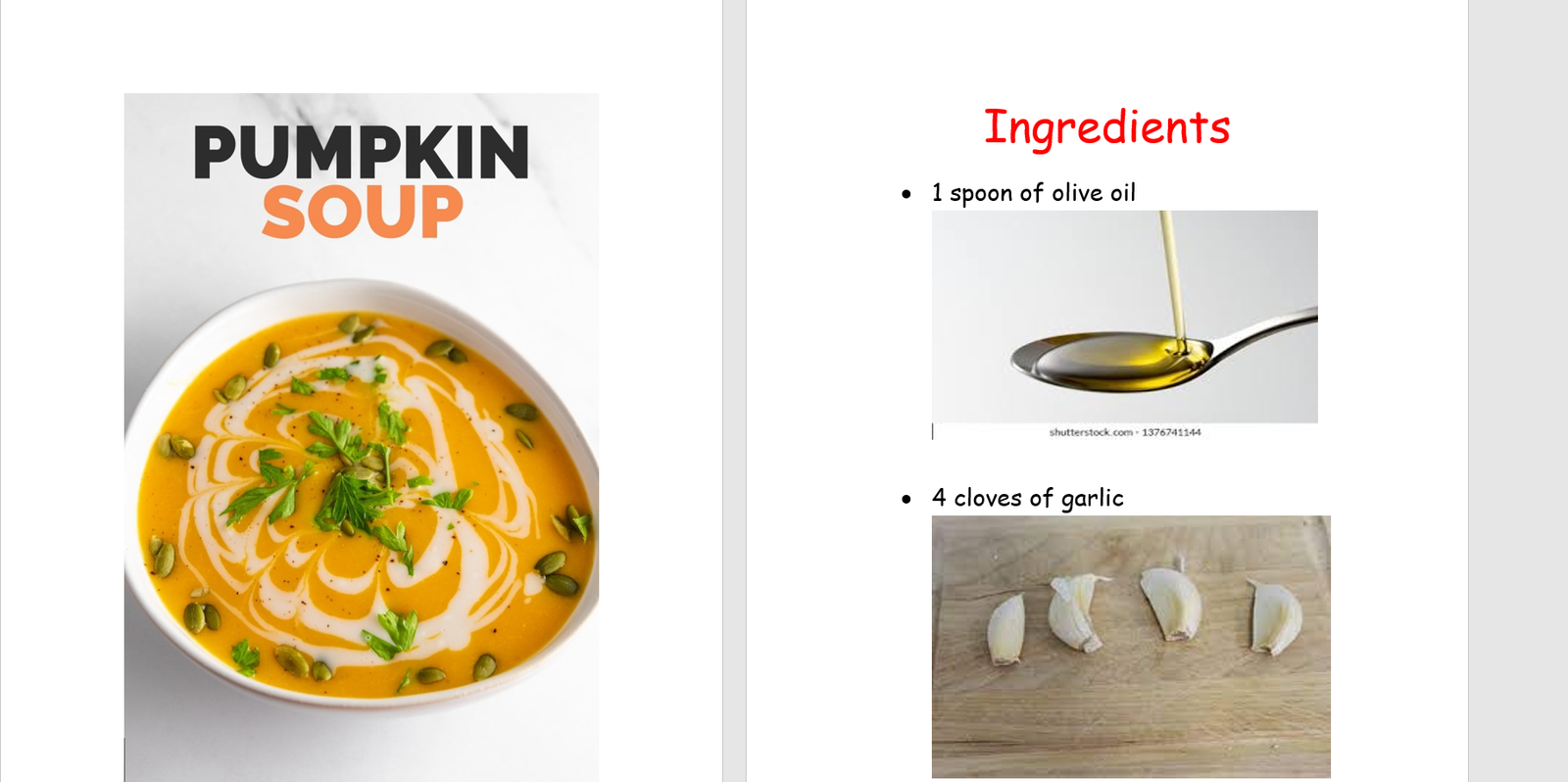 Pumpkin soup with olive oil and garlic ingredients.