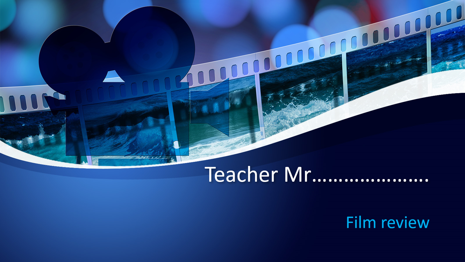 Film review with wave and film reel design.