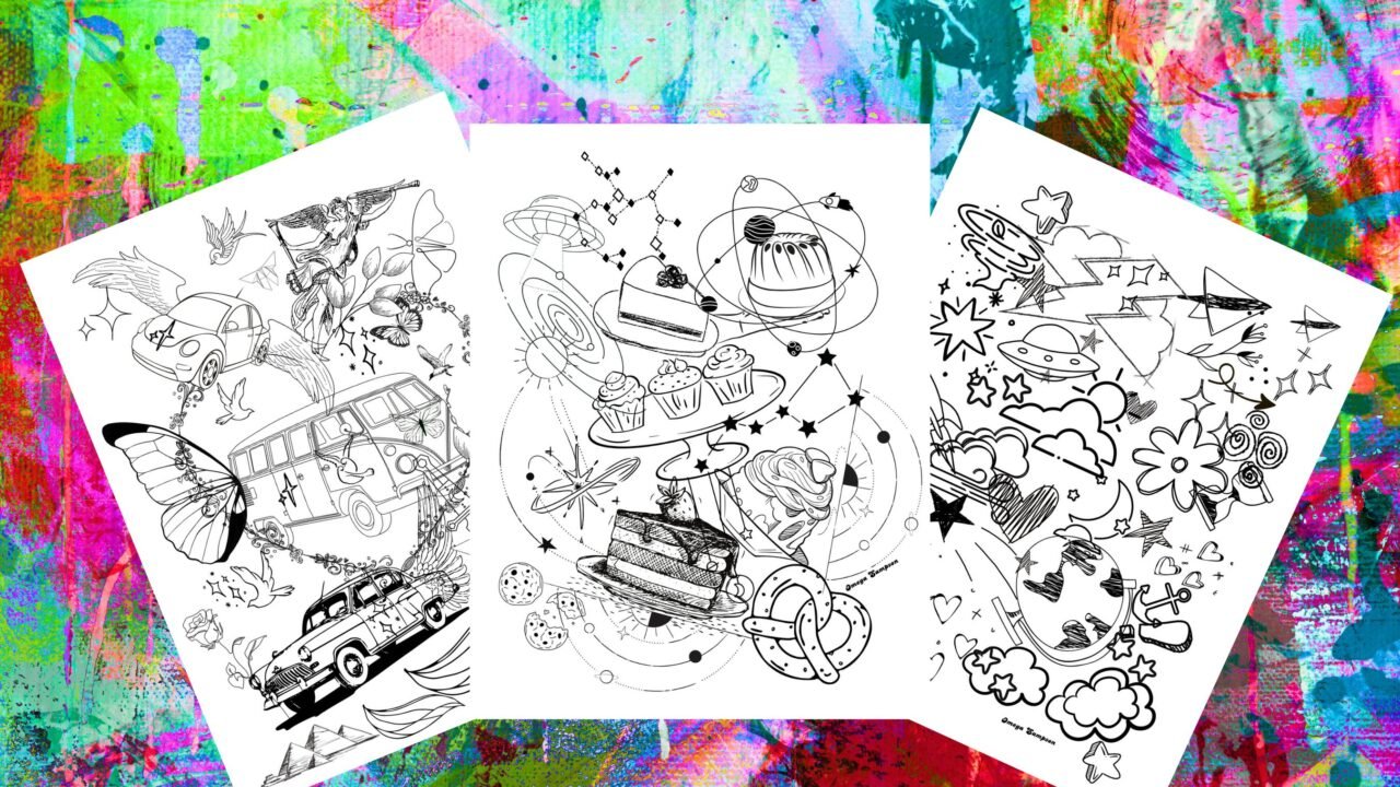 Three abstract black and white drawings on colourful background.