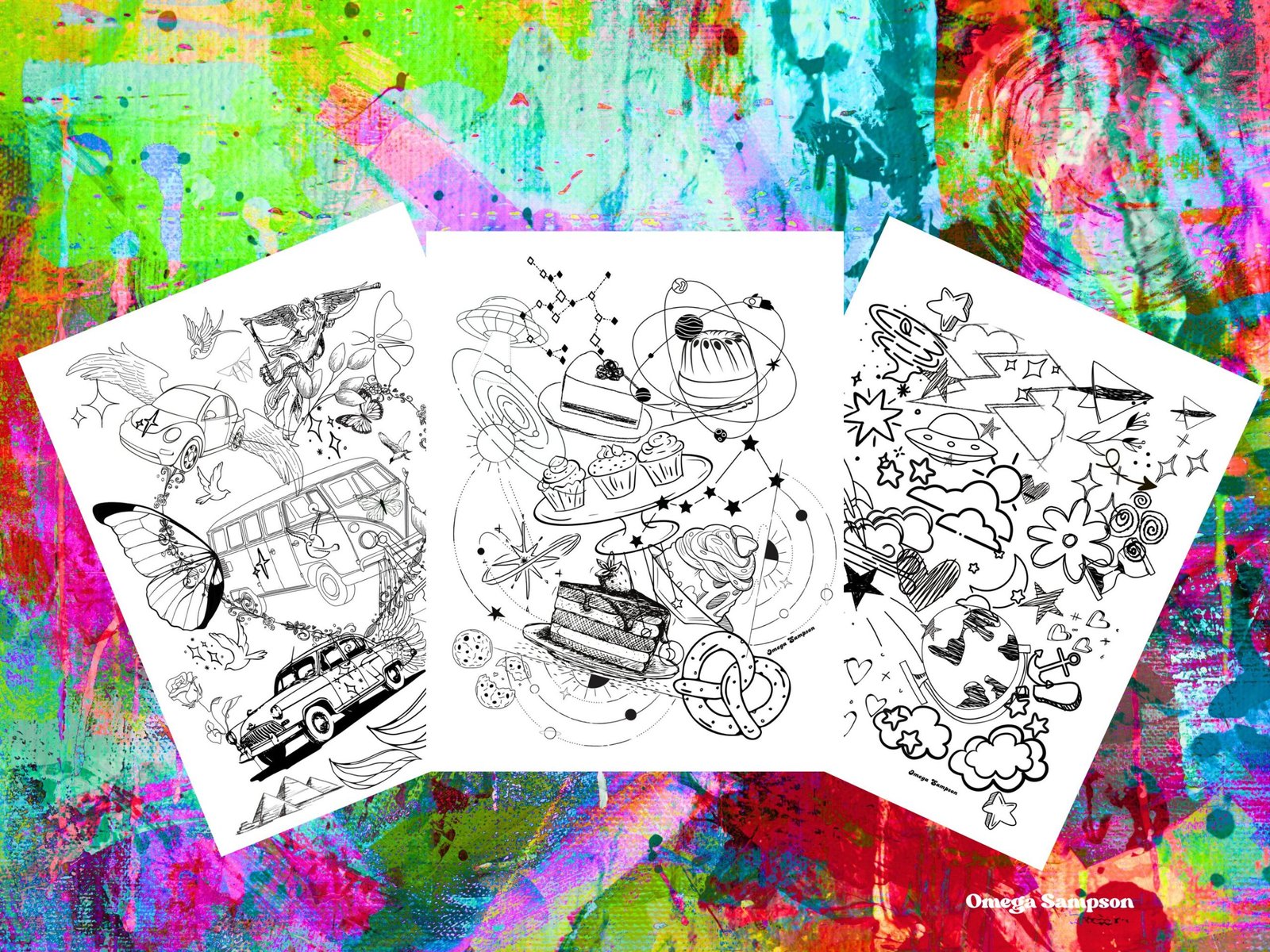 Three abstract black and white drawings on colourful background.